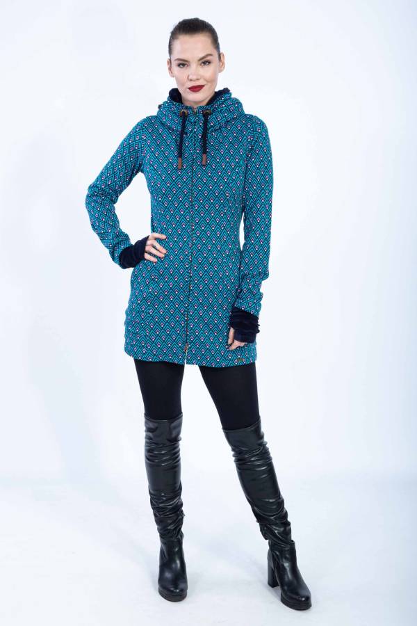 Cleo coat with hood made from organic GOTS interlock jacquard