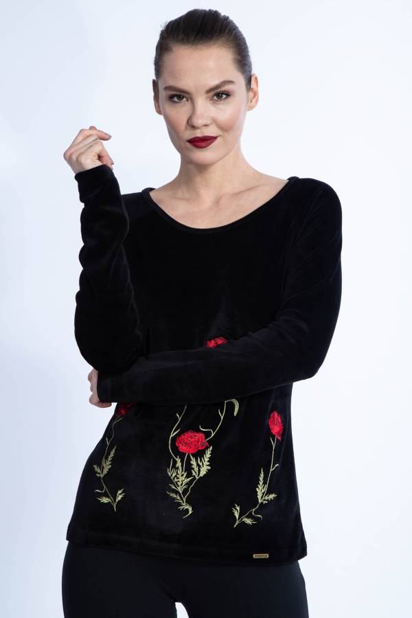 Langarmshirt Pia aus Bio Samt mit Stickerei